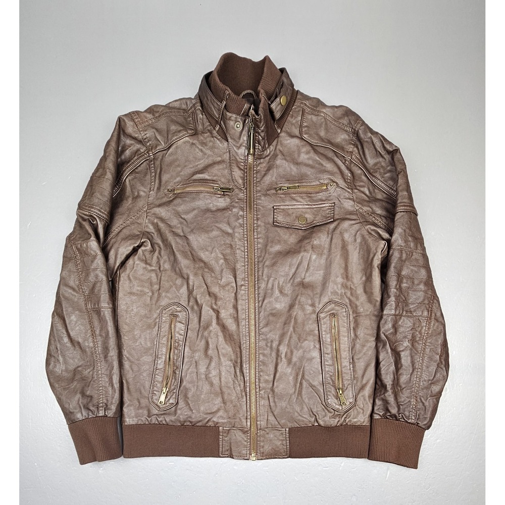 Guess Jacket Mens Large. Brown Faux‎ Leather Motorcycle Zip Pockets Mock Neck